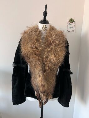 Vintage Black Real Rabbit Fur Jacket w Massive Fox Fur Collar Rhinestone XS-S